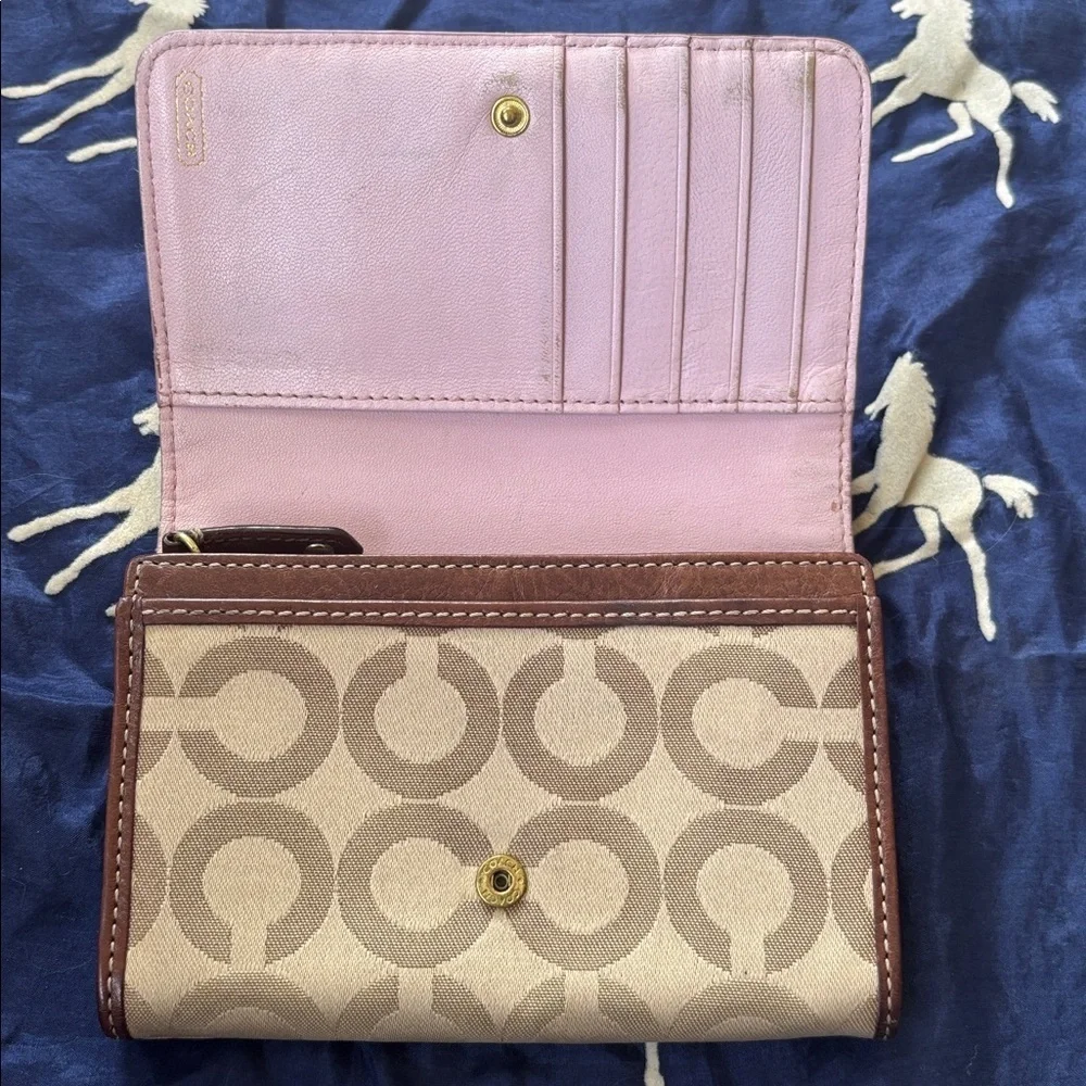 Coach Signature C Khaki Jacquard Canvas Brown Leather Trim Card Organizer Wallet
